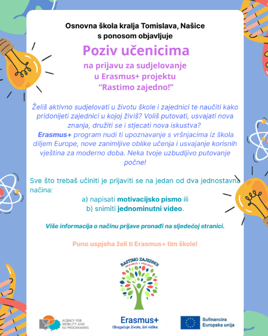 Poziv učenicima  na prijavu za sudjelovanje  u Erasmus+ projektu  “Rastimo zajedno!”